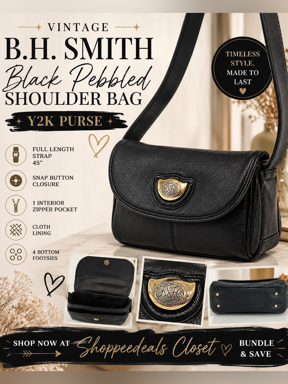 Vintage B.H. Smith Black Pebbled Shoulder Bag Y2K Purse